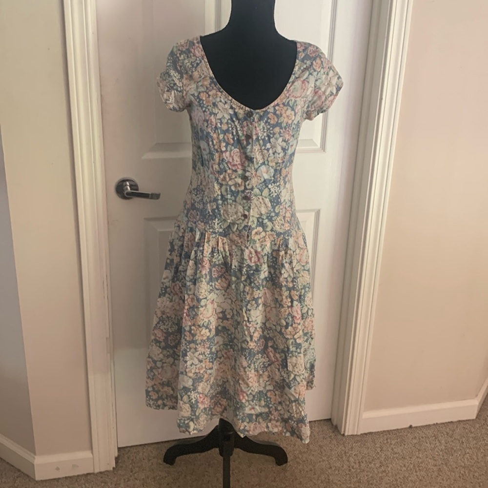 Vtg 80s 90s Alison J pastel button up front floral calico boho v waist dress S-m